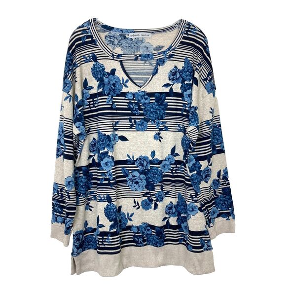 Absolutely Famous Women's Sweater Size 2X Blue Tan Floral Stretch Neck Cutout - Picture 1 of 7
